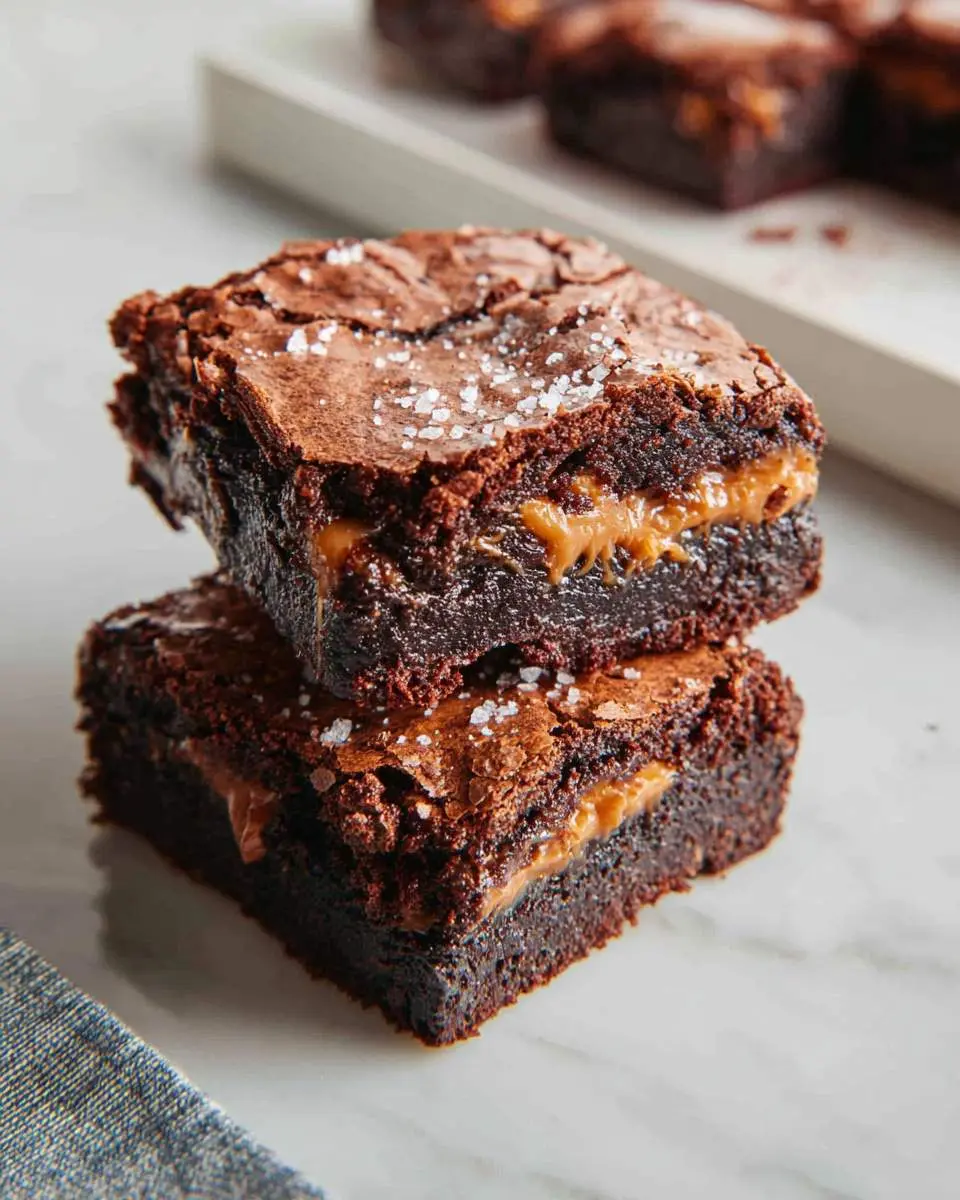 Two fudgy salted caramel brownies stacked on top of each other with flaky sea salt on top.