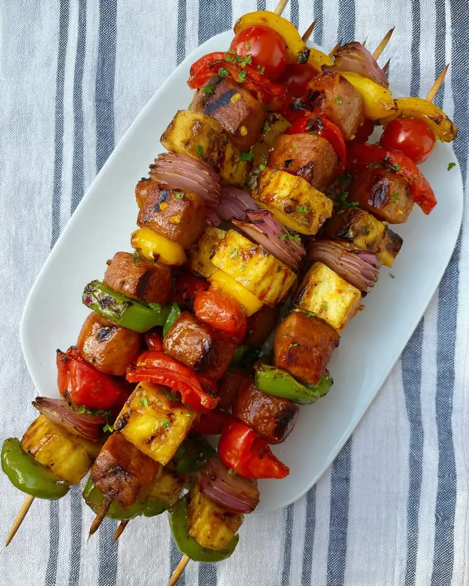 sausage kabobs ingredients and preparation with peppers and onions on skewers