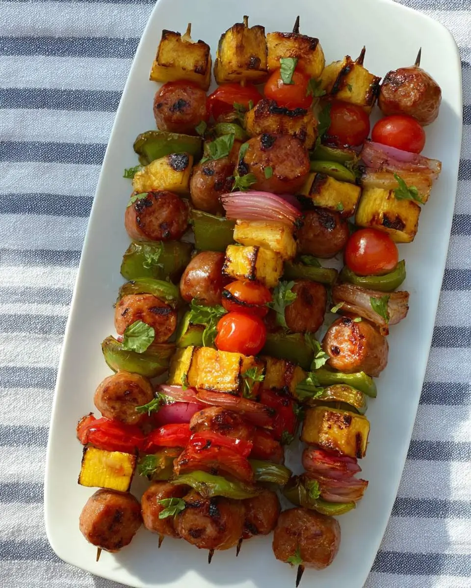 Grilled sausage kabobs with pineapple, peppers, tomatoes, and onions served on a white platter.