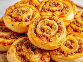 Golden baked Sausage Pinwheel appetizers stacked on a wooden serving board, garnished with fresh herbs.