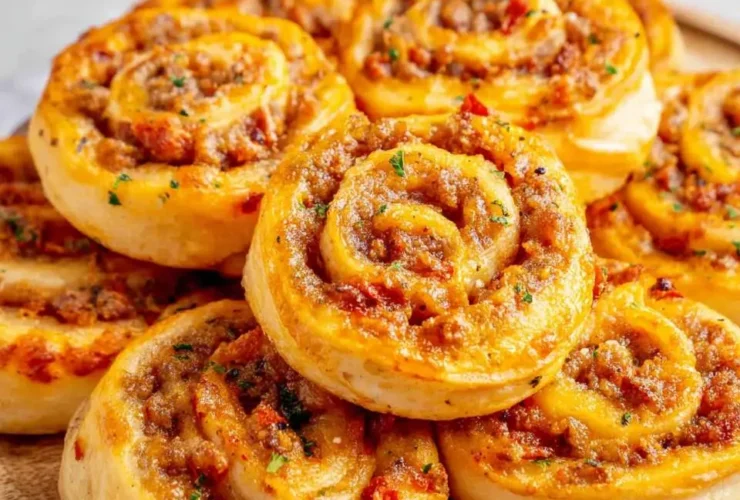 Golden baked Sausage Pinwheel appetizers stacked on a wooden serving board, garnished with fresh herbs.