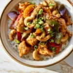 Sheet Pan Cashew Chicken served over white rice in a bowl, topped with green onions and sesame seeds.