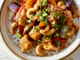 Sheet Pan Cashew Chicken 53 Sheet Pan Cashew Chicken served over white rice in a bowl, topped with green onions and sesame seeds.