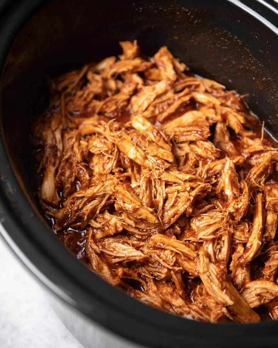 two forks shredding tender cooked chicken in a crockpot with thick barbecue sauce