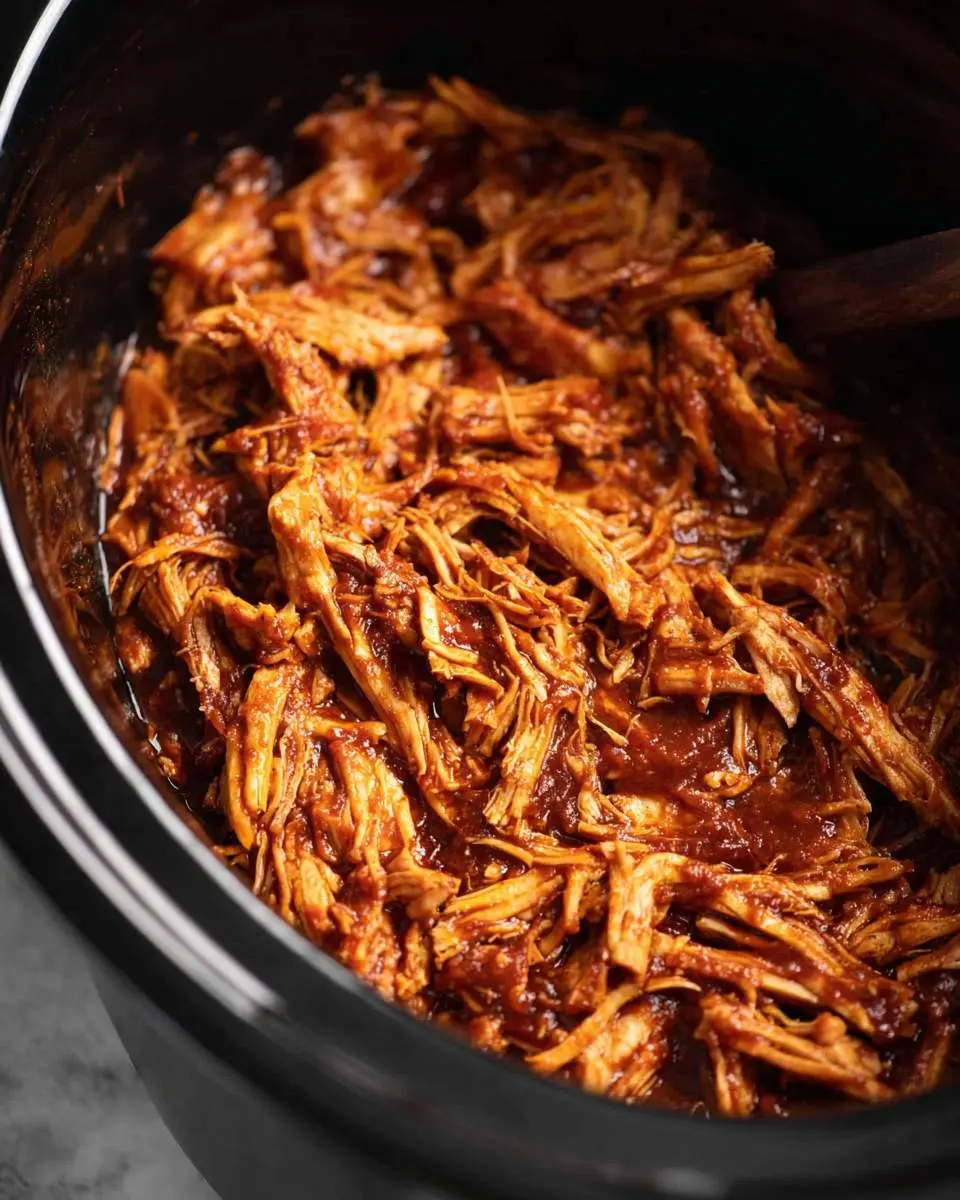 shredded BBQ chicken crockpot ingredients arranged on a wooden cutting board with sauce and seasonings