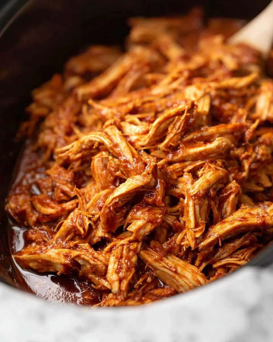 Shredded BBQ chicken crockpot filled with tender, saucy pulled chicken ready to serve.