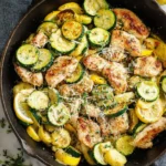 Skillet Lemon Parmesan Chicken Zucchini and Squash in a cast iron pan with fresh herbs and grated cheese.
