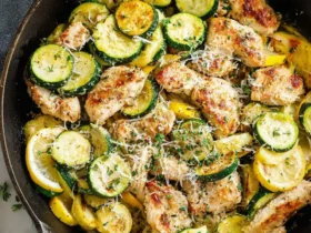 Skillet Lemon Parmesan Chicken Zucchini and Squash in a cast iron pan with fresh herbs and grated cheese.
