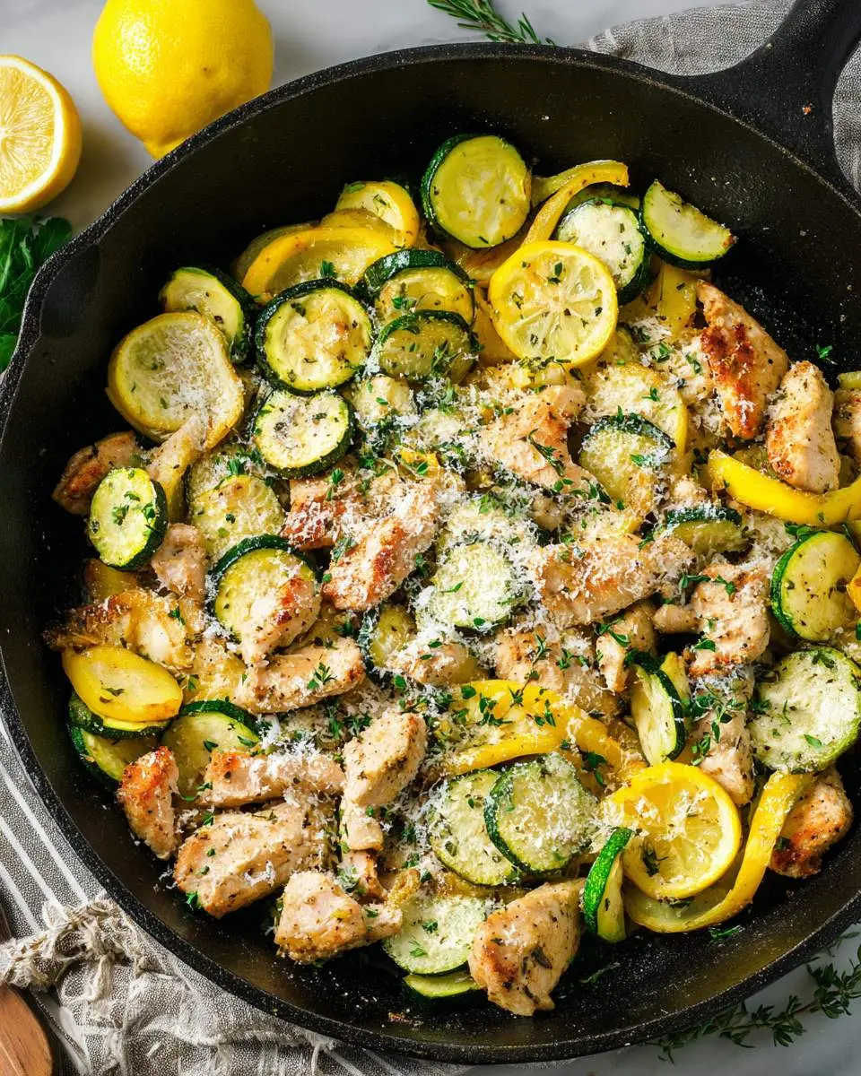 chicken and vegetables sizzling in a cast iron skillet with parmesan melting on top