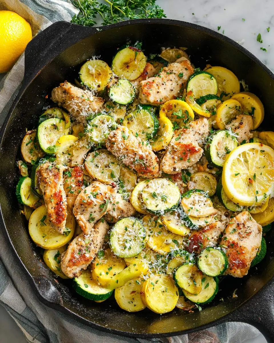 Skillet lemon parmesan chicken zucchini and squash ingredients arranged on a cutting board with fresh lemon and grated parmesan