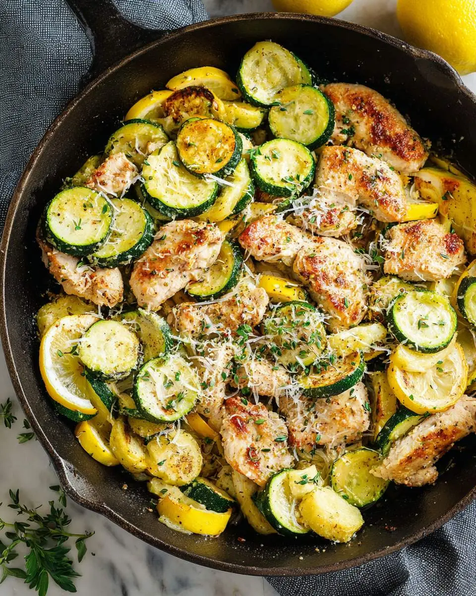 Skillet Lemon Parmesan Chicken Zucchini and Squash in a cast iron pan with fresh herbs and grated cheese.