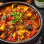 A rustic bowl of Slow Cooker Chicken Ratatouille featuring tender chicken, zucchini, eggplant, and tomatoes in a rich sauce.