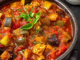 A rustic bowl of Slow Cooker Chicken Ratatouille featuring tender chicken, zucchini, eggplant, and tomatoes in a rich sauce.