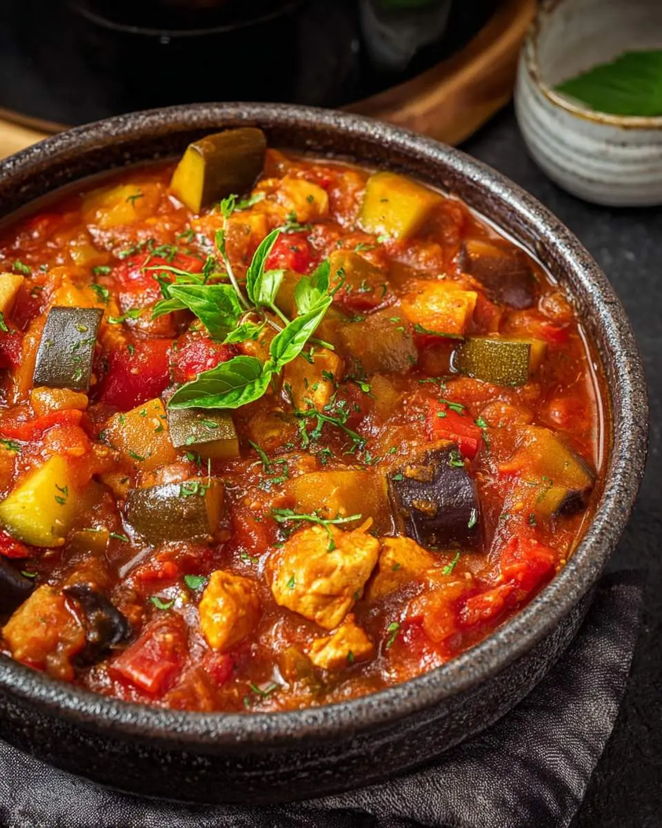 Slow Cooker Chicken Ratatouille 28 A rustic bowl of Slow Cooker Chicken Ratatouille featuring tender chicken, zucchini, eggplant, and tomatoes in a rich sauce.