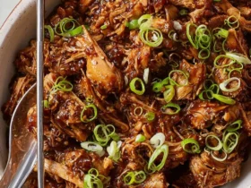 Slow Cooker Hoisin Chicken 47 Shredded Slow Cooker Hoisin Chicken in a ceramic bowl topped with sliced green onions and sesame seeds.