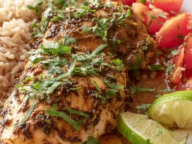 Slow Cooker Mojo Chicken 44 Slow Cooker Mojo Chicken served on a white plate with rice, tomatoes, and lime wedges, topped with fresh cilantro.