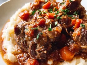 Slow Cooker Oxtails served over creamy mashed potatoes with carrots and rich gravy in a white bowl.