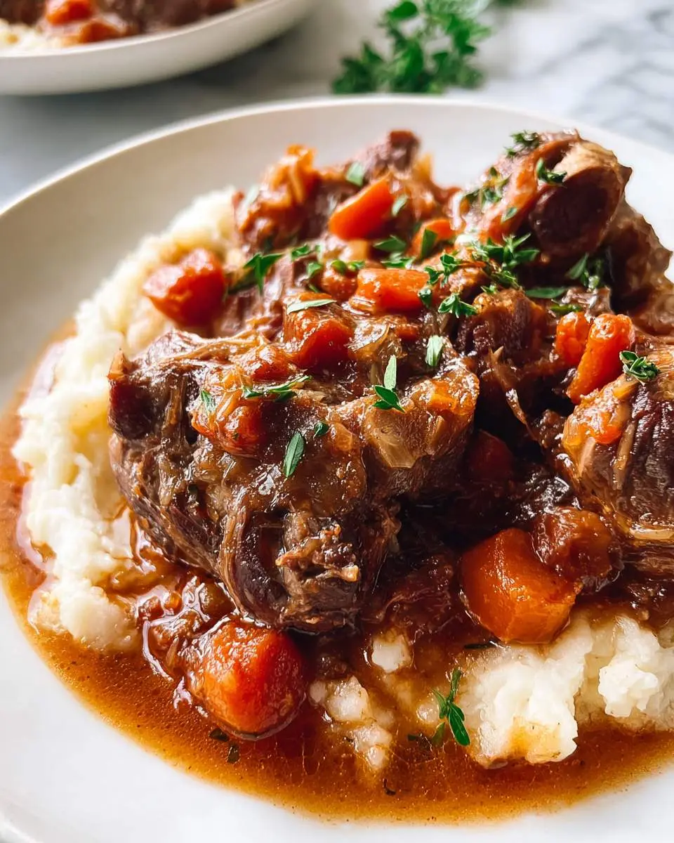 Slow Cooker Oxtails served over creamy mashed potatoes with carrots and rich gravy in a white bowl.