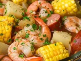 Slow Cooker Shrimp Boil 50 Close-up of a Slow Cooker Shrimp Boil with shrimp, corn, potatoes, and sausage in a glass bowl.