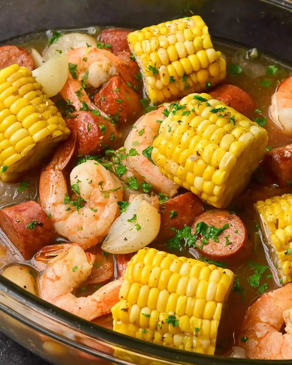 cooked shrimp boil being served from slow cooker with steam rising