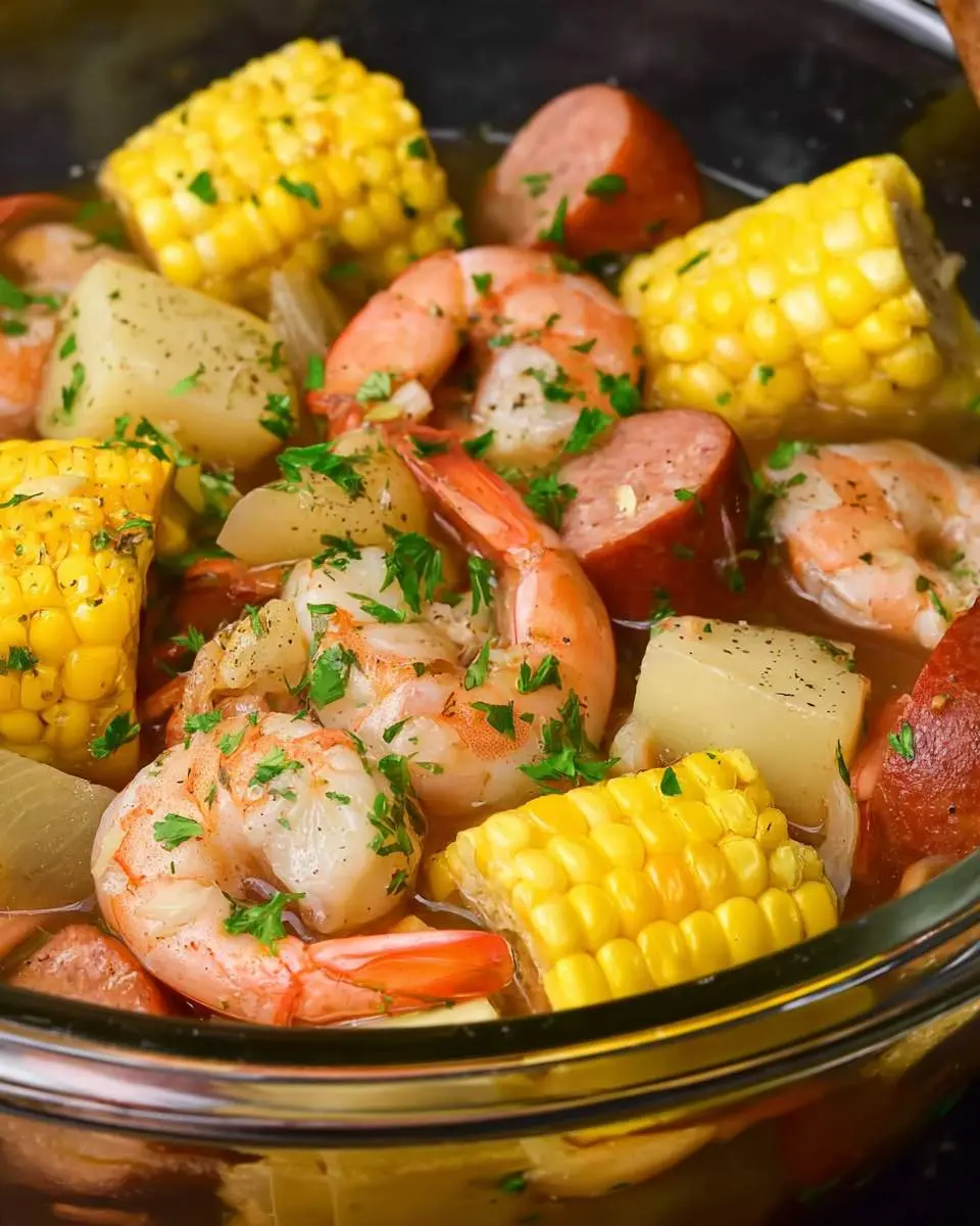 Close-up of a Slow Cooker Shrimp Boil with shrimp, corn, potatoes, and sausage in a glass bowl.