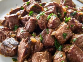 A plate of tender Slow Cooker Steak Bites garnished with fresh herbs and garlic.