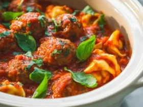Slow Cooker Tortellini Meatballs 53 Slow Cooker Tortellini Meatballs in a creamy tomato sauce topped with fresh basil leaves.