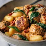 Slow Cooker Tuscan Chicken Meatballs with Gnocchi in a creamy sauce with spinach and sun-dried tomatoes in a bowl.