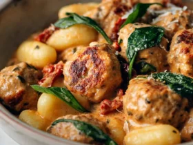 Slow Cooker Tuscan Chicken Meatballs with Gnocchi in a creamy sauce with spinach and sun-dried tomatoes in a bowl.