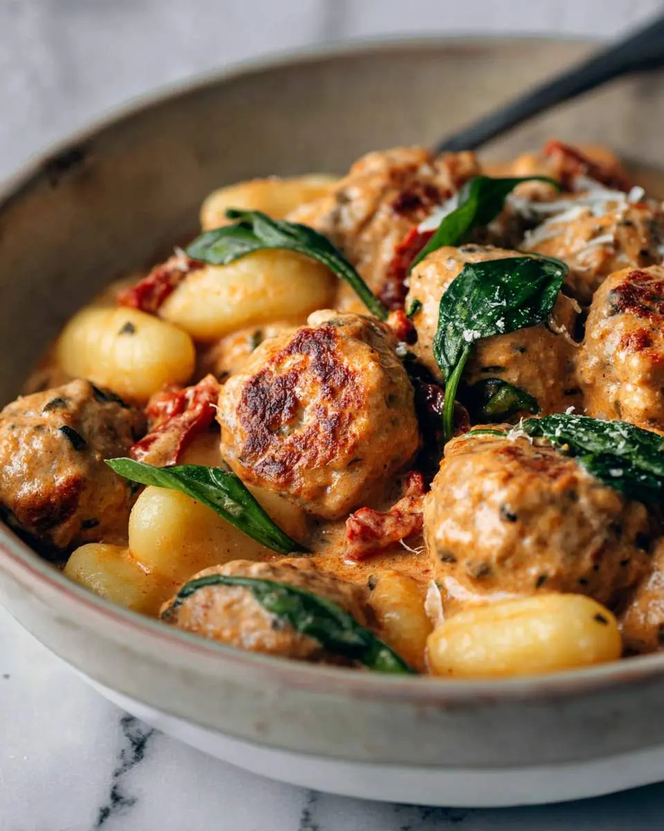 Slow Cooker Tuscan Chicken Meatballs with Gnocchi 28 Slow Cooker Tuscan Chicken Meatballs with Gnocchi in a creamy sauce with spinach and sun-dried tomatoes in a bowl.