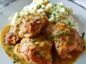 Smothered Chicken Thighs 53 Smothered Chicken Thighs served with creamy mashed potatoes and garnished with fresh herbs on a white plate.