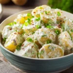 A bowl of creamy Sour Cream and Onion Potato Salad garnished with fresh dill, green onions, and spices.