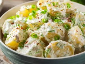 A bowl of creamy Sour Cream and Onion Potato Salad garnished with fresh dill, green onions, and spices.
