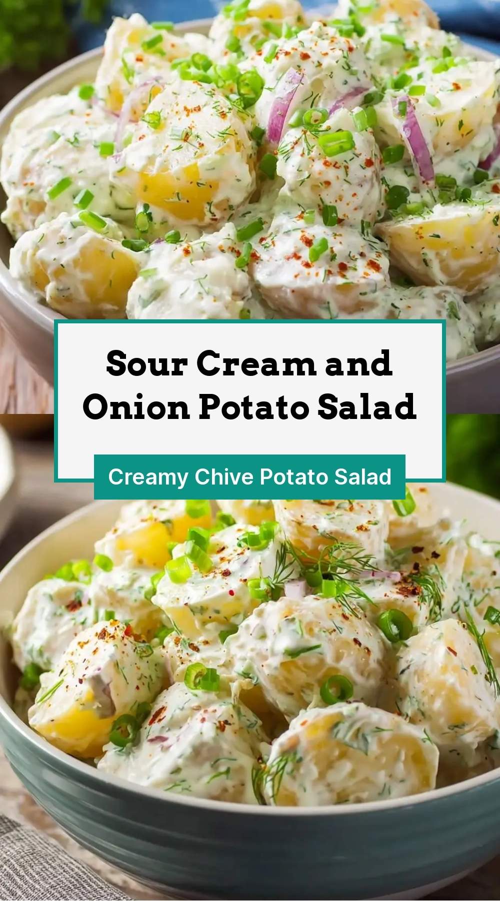 Sour Cream and Onion Potato Salad 27 Finished creamy potato salad in a serving bowl with fresh chives scattered on top