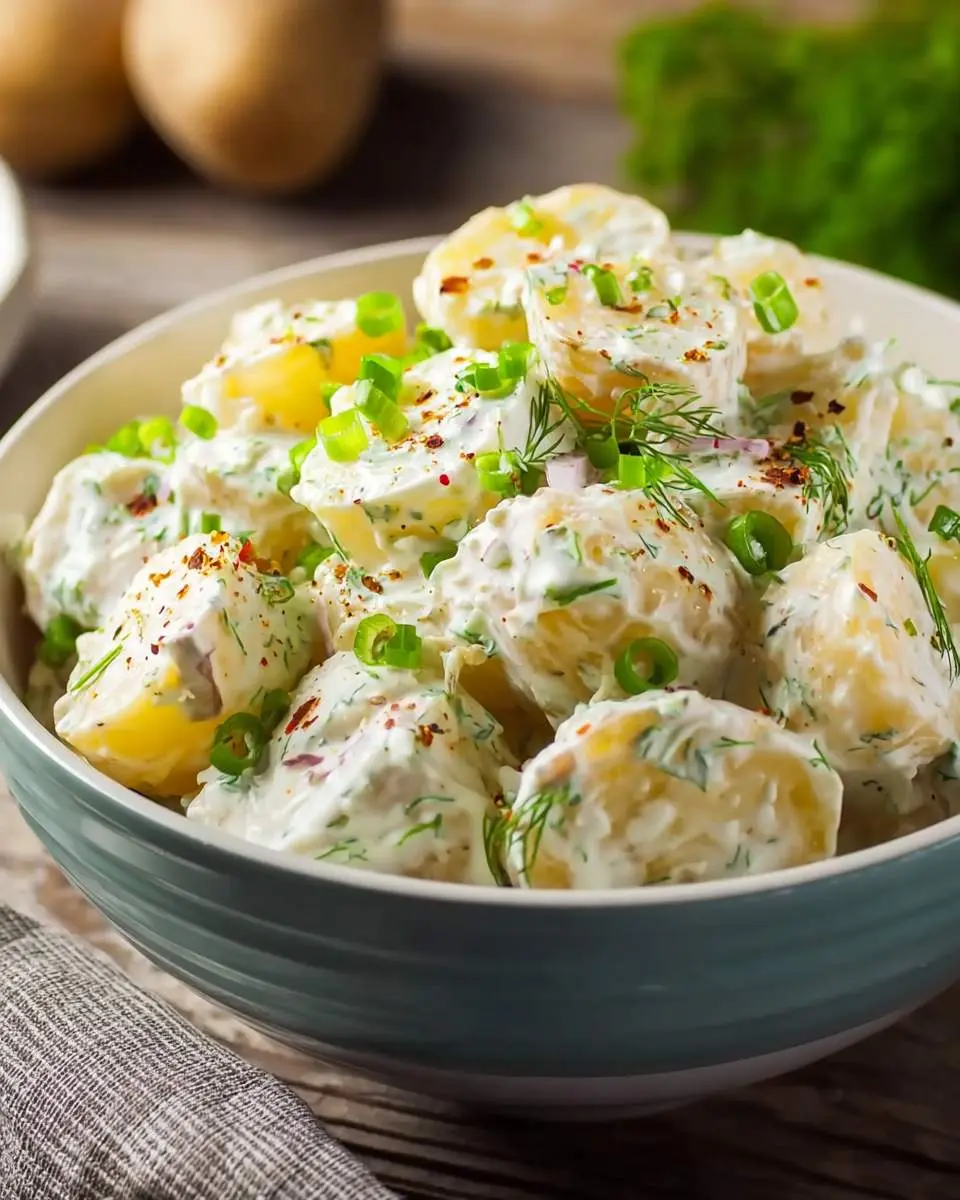 Sour Cream and Onion Potato Salad 28 A bowl of creamy Sour Cream and Onion Potato Salad garnished with fresh dill, green onions, and spices.