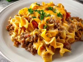 Sour Cream Beef Noodle Casserole 47 A plate of creamy Sour Cream Beef Noodle Casserole topped with melted cheese and fresh parsley.