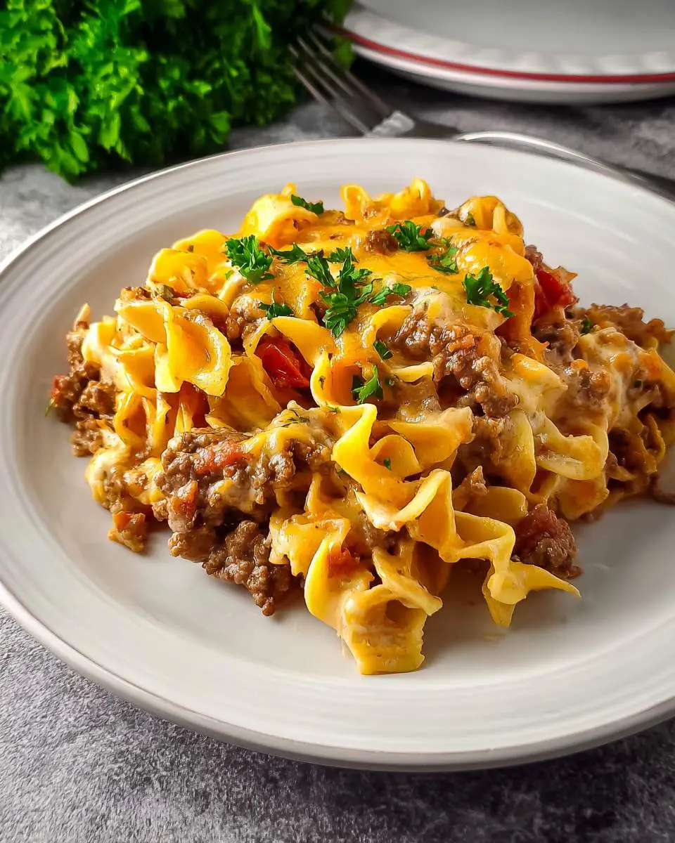 A plate of creamy Sour Cream Beef Noodle Casserole topped with melted cheese and fresh parsley.