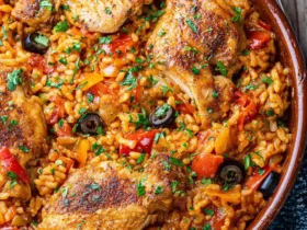 Spanish Chicken and Rice 50 Spanish Chicken and Rice in a rustic brown bowl, featuring golden seared chicken thighs, saffron rice, bell peppers, and olives.