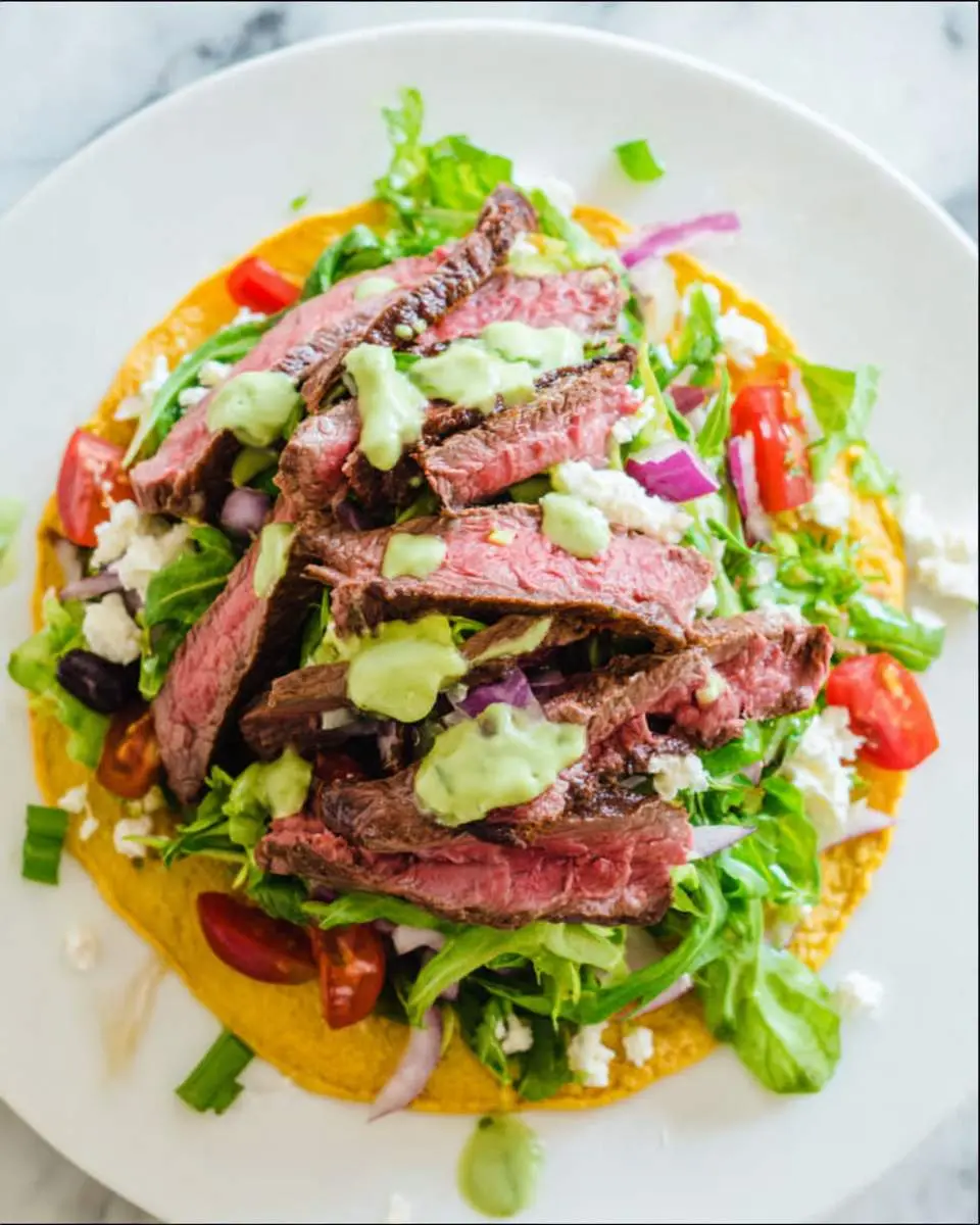 Crispy tostada shells being fried and topped with sliced steak