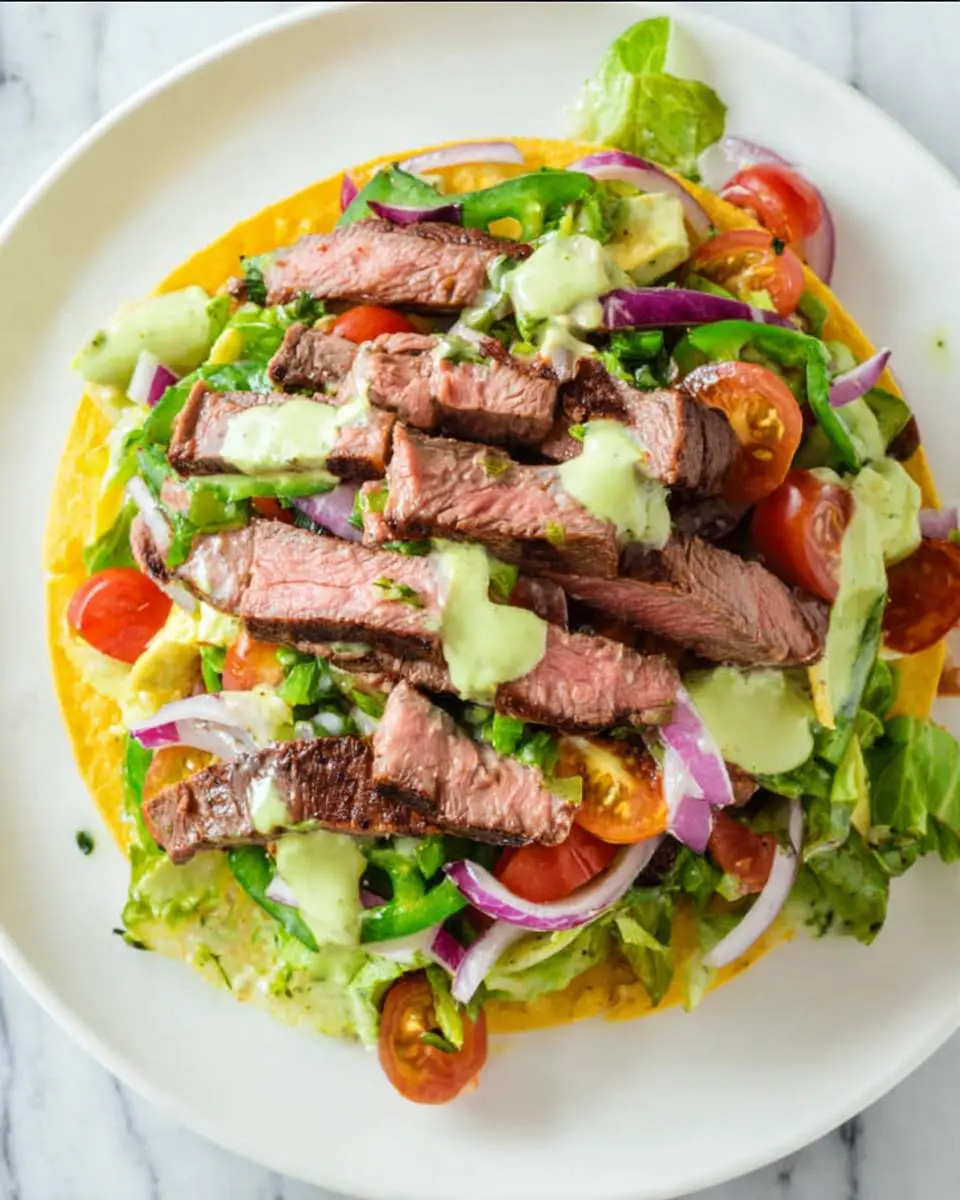 Steak Tostada Salad with grilled beef strips, fresh vegetables, and creamy green dressing on a crispy tortilla base.