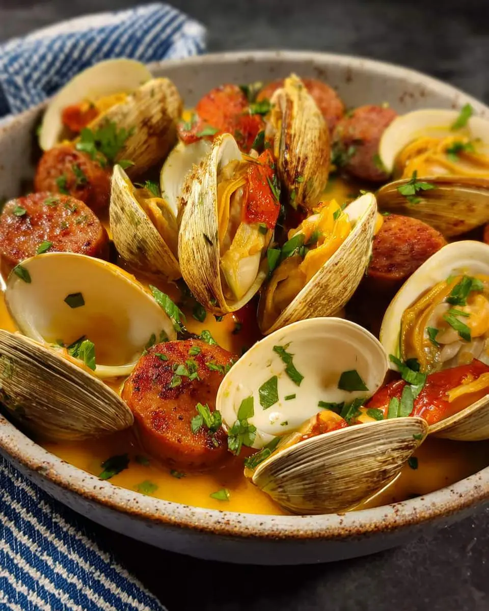 Steamed Clams with Italian Sausage served in a rustic bowl with golden broth and fresh herbs.