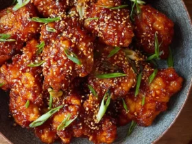 Sticky Korean Chicken pieces coated in glossy red sauce, garnished with sesame seeds and green onions in a gray bowl.