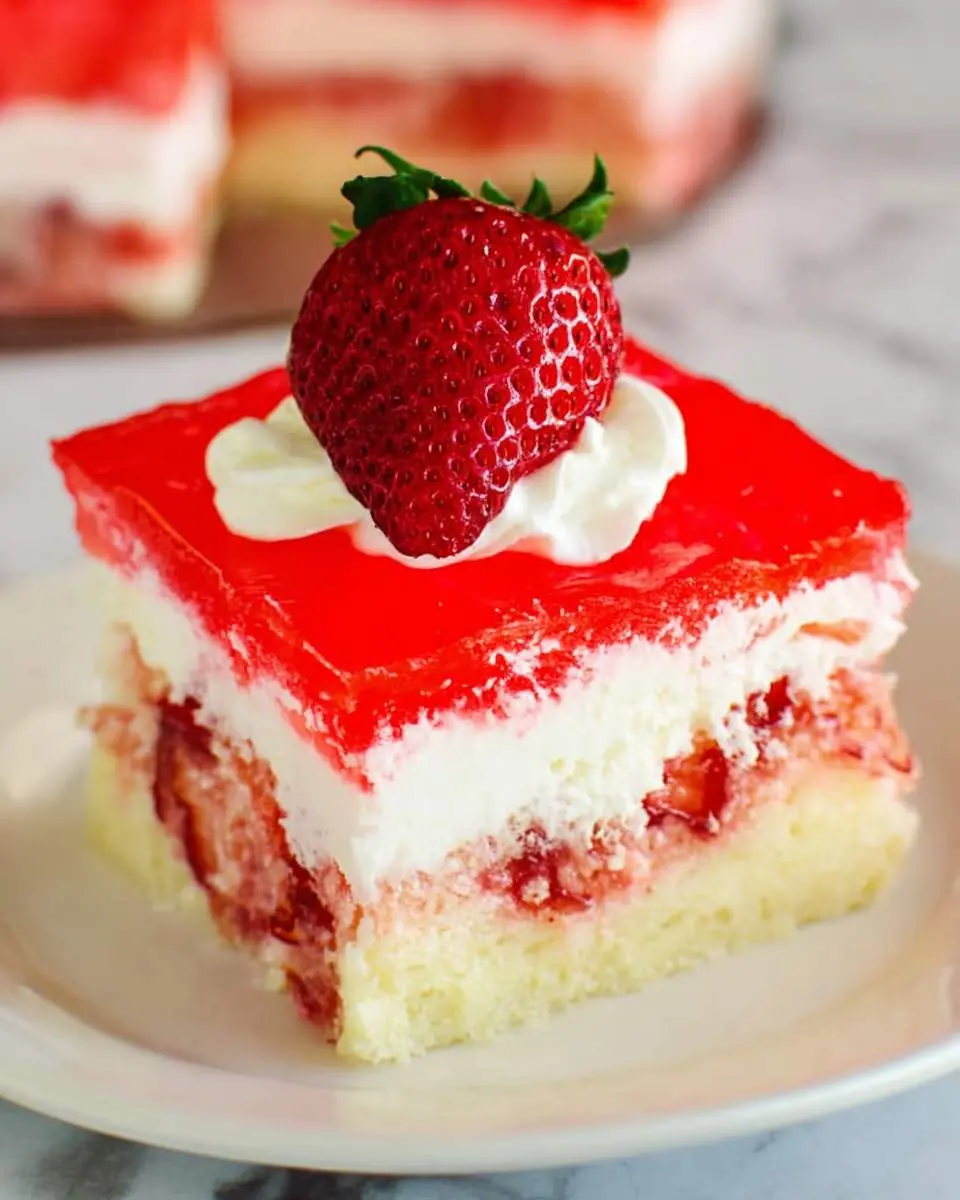 A slice of Strawberry Jello Poke Cake topped with fresh strawberry and whipped cream on a white plate.