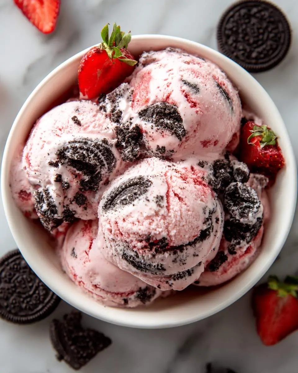 Bowl of Strawberry Oreo Ice Cream topped with fresh strawberries and cookie pieces.