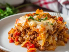 stuffed cabbage casserole 46 A hearty serving of stuffed cabbage casserole topped with melted cheese and fresh herbs on a white plate.