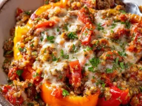 A hearty Stuffed Pepper Casserole with colorful bell peppers, ground meat, melted cheese, and fresh herbs in a rustic bowl.