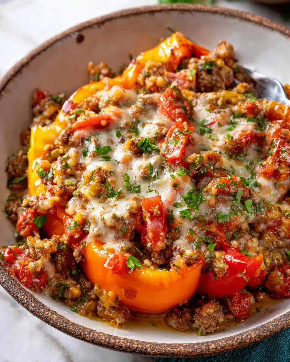 A hearty Stuffed Pepper Casserole with colorful bell peppers, ground meat, melted cheese, and fresh herbs in a rustic bowl.