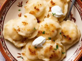 Ukrainian Cottage Cheese Dumplings 53 Traditional Ukrainian Cottage Cheese Dumplings topped with fried onions and sour cream in a decorative bowl.