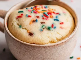 A freshly baked vanilla mug cake topped with colorful sprinkles in a ceramic mug with a spoon.
