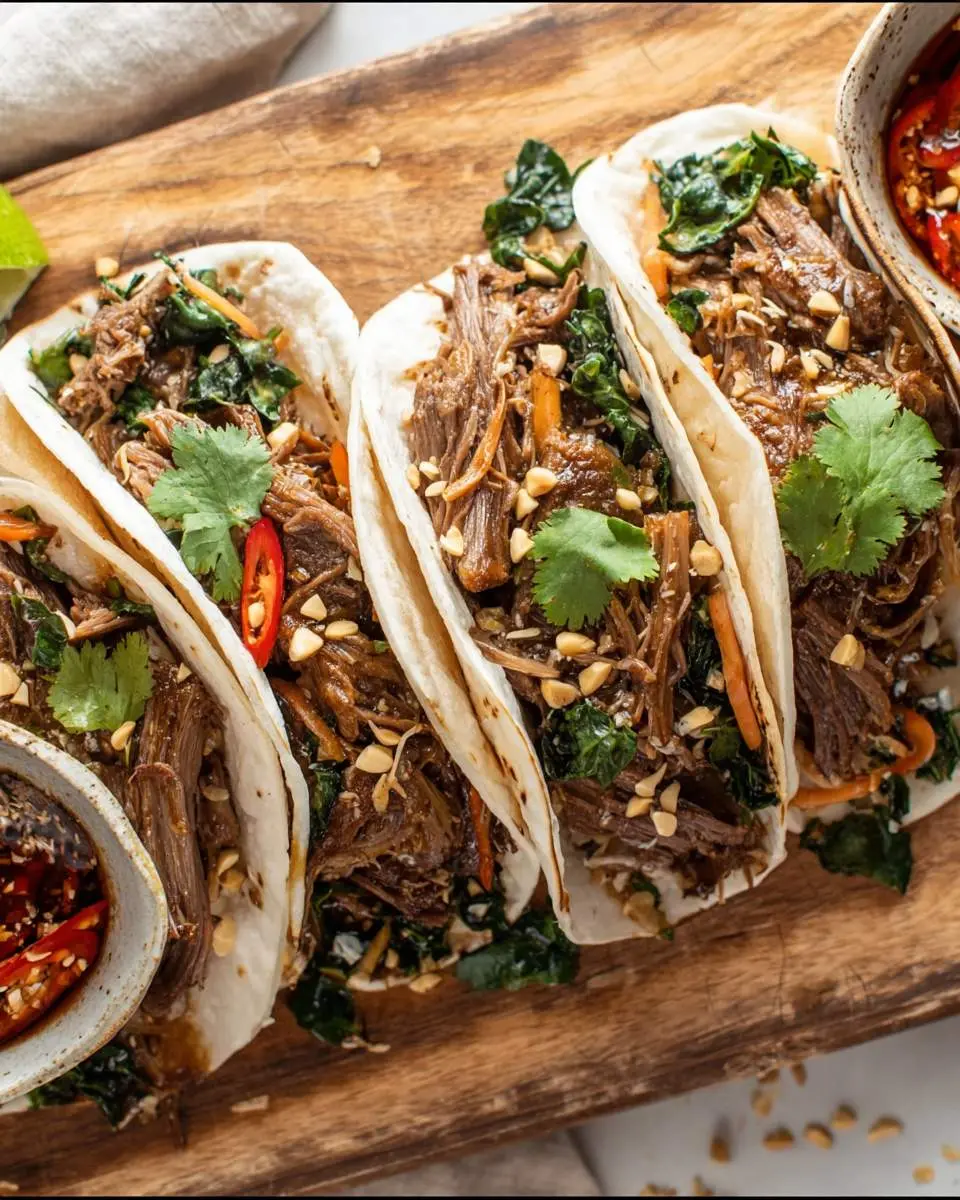 Vietnamese Instant Pot Beef Brisket Tacos with shredded meat, cilantro, peanuts, and chili on flour tortillas.